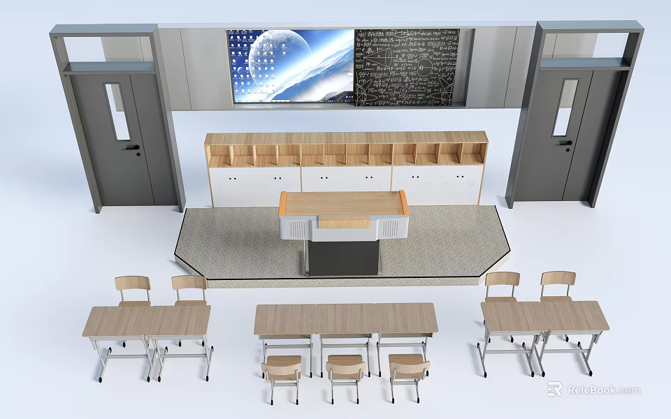 Classroom Interior With Student Desks Chairs Teacher Desk Screen And Blackboard 3d model 