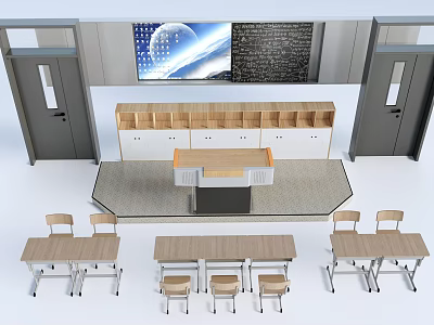 Classroom Interior With Student Desks Chairs Teacher Desk Screen And Blackboard 3d model