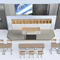 Classroom Interior With Student Desks Chairs Teacher Desk Screen And Blackboard