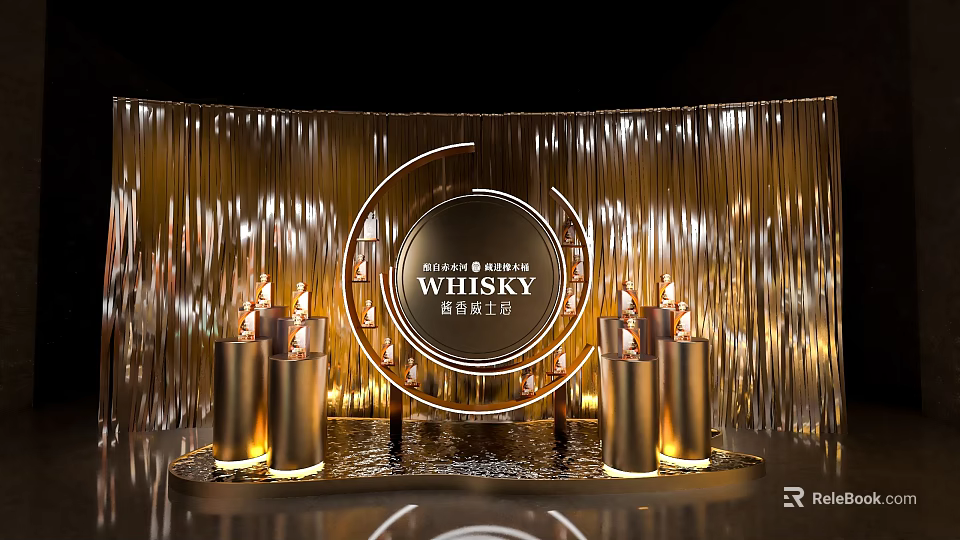 Whisky Tasting Night Photo Spot With Golden Tassel Background Circular Sign And Candle Holders 3d model 