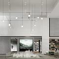 Modern Sales Office Interior Design With Hanging Lights Sofas Tables Large Windows And Stairs