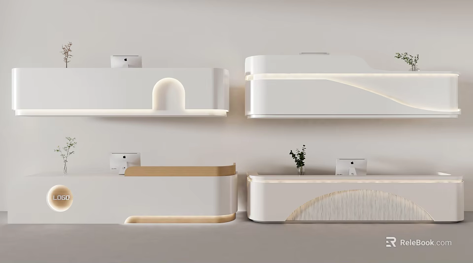 Modern Reception Desk Design With Curved Shape Built-in Lighting And Small Decorative Plants 3d model 