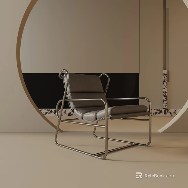Modern Leather Accent Chair With Metal Frame And Geometric Backrest Design In Neutral Tones 3d model 