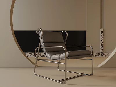 Modern Leather Accent Chair With Metal Frame And Geometric Backrest Design In Neutral Tones 3d model