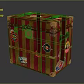 Vintage Trunk With Red And Gold Stripes And Various Travel Stickers