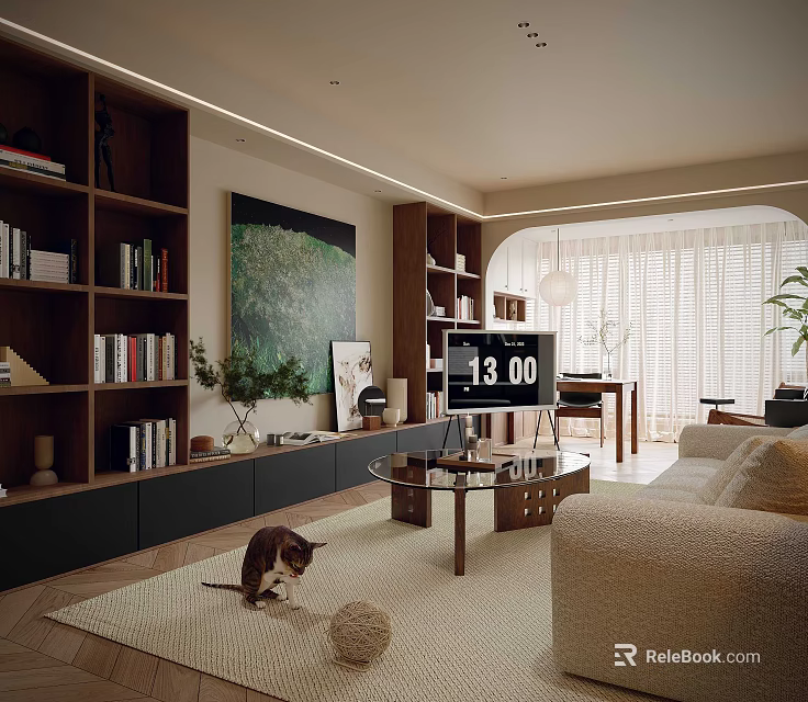 Warm Modern Open Living And Dining Interior With Wooden Bookshelves And Cozy Soft Furnishings 3d model 