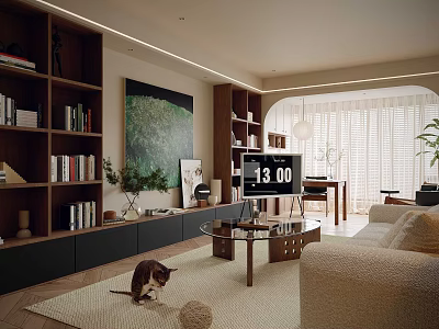 Warm Modern Open Living And Dining Interior With Wooden Bookshelves And Cozy Soft Furnishings 3d model