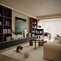 Warm Modern Open Living And Dining Interior With Wooden Bookshelves And Cozy Soft Furnishings
