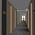 Office Corridor With Wooden Numbered Doors Gray Walls Carpeted Floor Wall Lamps And End Window