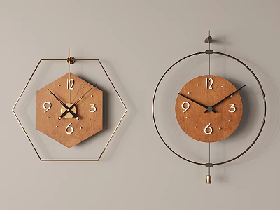 Stylish Wall Clocks With Hexagonal And Circular Frames And Wooden Dials 3d model