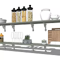 Organized Kitchen Utensils on Shelves with Spice Jars Storage Canisters Bowls and Cutting Boards