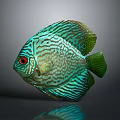 Discus Fish with Turquoise Stripes and Red Eyes on Gray Background with Reflection 3d model