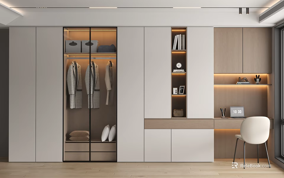 Modern Wardrobe Interior With Glass Doors Hanging Clothes Drawers Bookshelves And Decorative Items 3d model 