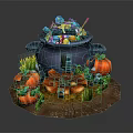 Decorative Ornament Set Featuring Black Cauldron Colorful Candies Orange Pumpkins And Green Grass Base