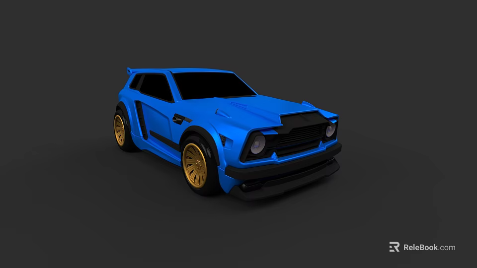 Striking Blue Modified Sports Car With Golden Wheels And Black Front Design 3d model 