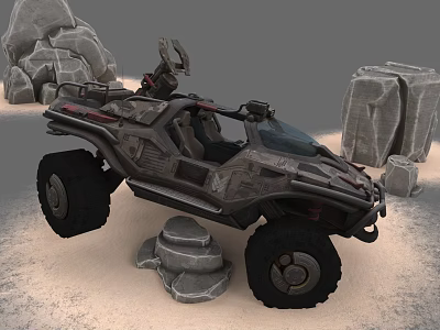 Rugged Off Road Vehicle Navigating Rocky Desert Terrain With Large Tires And Open Design 3d model
