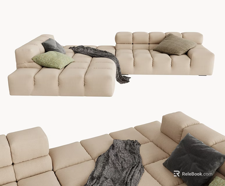 Modern Beige Sectional Sofa With Soft Pillows And Cozy Throw Blanket 3d model