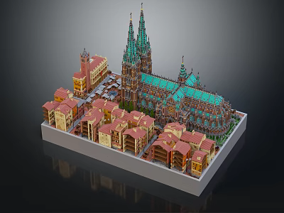 Terraced Residential Buildings With Red Roofs Near Historic Cathedral With Green Roof And Tall Spires 3d model