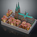 Terraced Residential Buildings With Red Roofs Near Historic Cathedral With Green Roof And Tall Spires