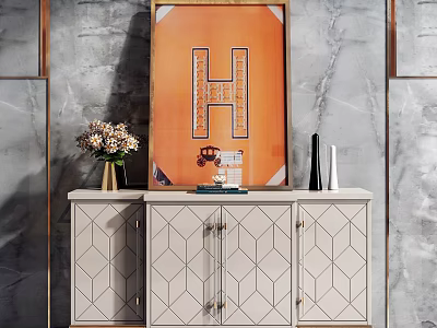Modern Console Table with Geometric Pattern Doors Metal Accents and Vase Flowers Artwork on Gray Wall 3d model