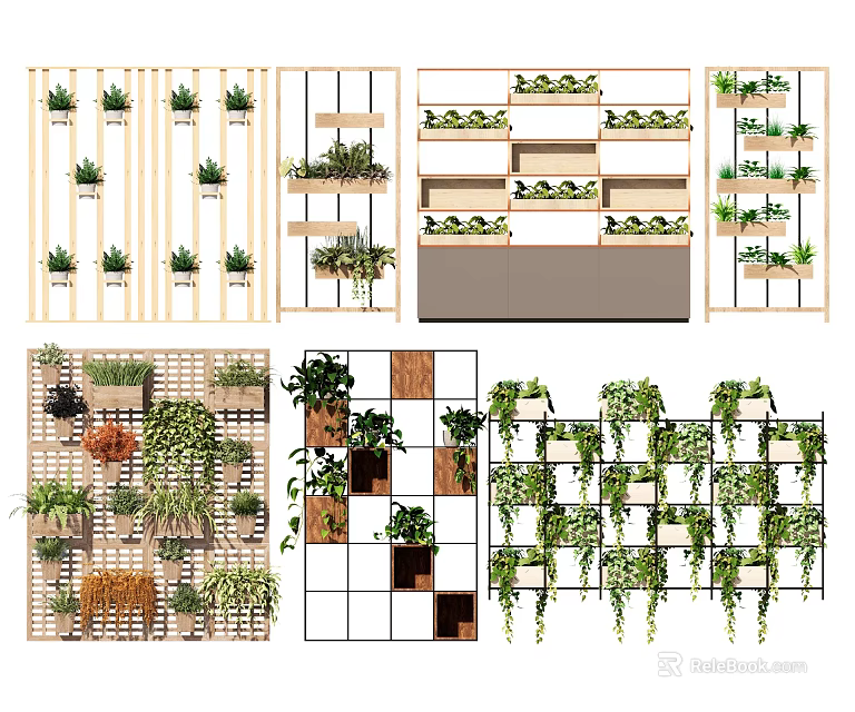 Creative Green Plant Wall Designs With Grid Patterns And Wooden Frames For Indoor Decoration 3d model 