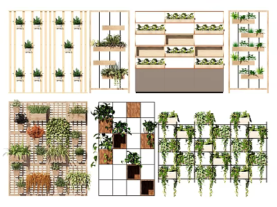 Creative Green Plant Wall Designs With Grid Patterns And Wooden Frames For Indoor Decoration 3d model