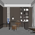 Modern Study Room Interior With Dark Cabinets Built in Bookshelves Table Lamp and Leather Chair