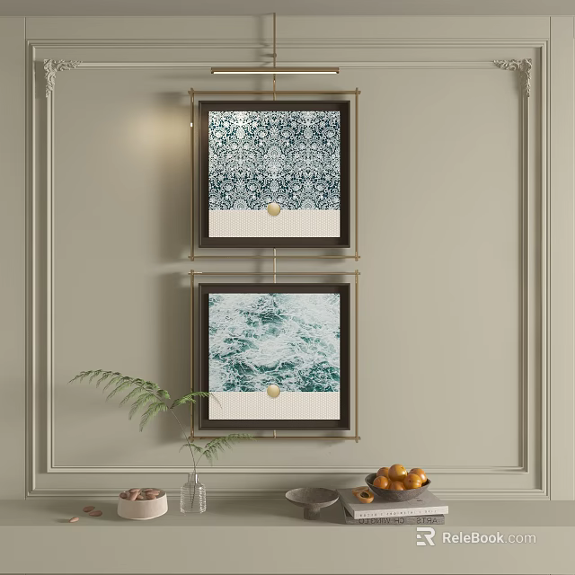 Two Black Framed Abstract Paintings With Blue White Wave Patterns On Light Green Wall 3d model 