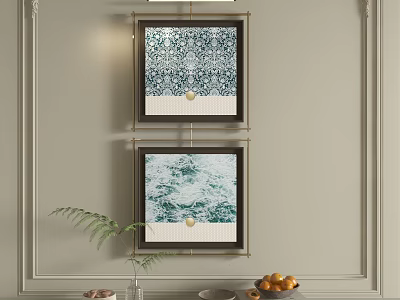 Two Black Framed Abstract Paintings With Blue White Wave Patterns On Light Green Wall 3d model