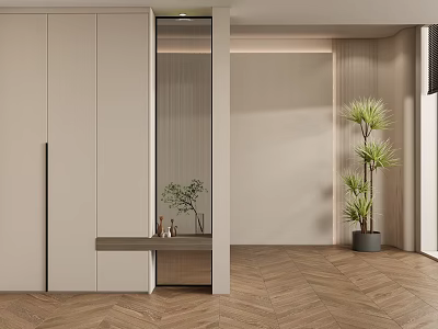 Minimalist Modern Entryway Design With Light Cabinets Wooden Bench Mirror Herringbone Flooring And Plants 3d model