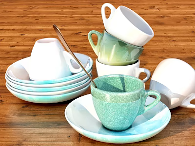 Ceramic Kitchenware Set With Colorful Cups Saucers And Spoon On Wooden Table 3d model