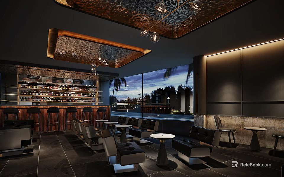Modern Bar Interior Design With Stylish Counter Wine Racks And Ambient Lighting 3d model 