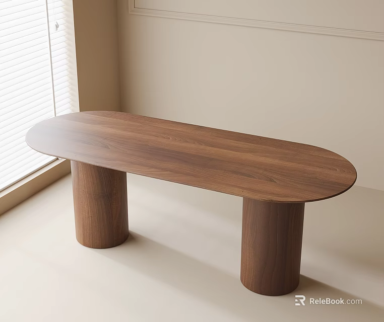 Oval Wooden Dining Table with Two Cylindrical Legs in Minimalist Room by Window 3d model 