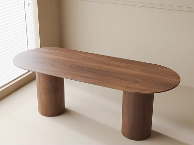 Oval Wooden Dining Table with Two Cylindrical Legs in Minimalist Room by Window 3d model