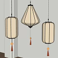 Traditional Chinese Chandeliers Featuring Black Frames Beige Shades And Hanging Tassels