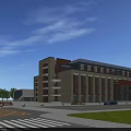 Modern Multi Story School Building with Bell Tower Blue Roof Trees Road and Parking Lot