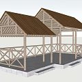 Wooden Pavilion Structure With Brown Roof Railing And Stone Base Design