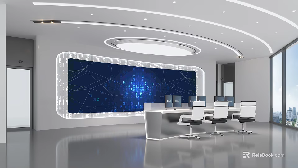Modern Control Room With Large Monitoring Screen And Data Network Graphics 3d model 