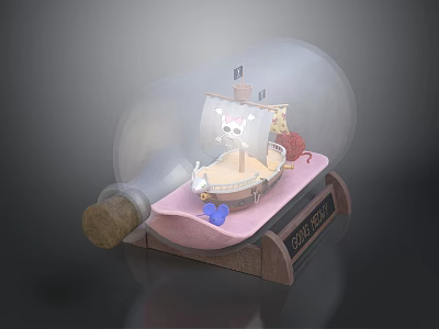 Decorative Ship Model in a Glass Bottle with Wooden Base and Nautical Design Details 3d model