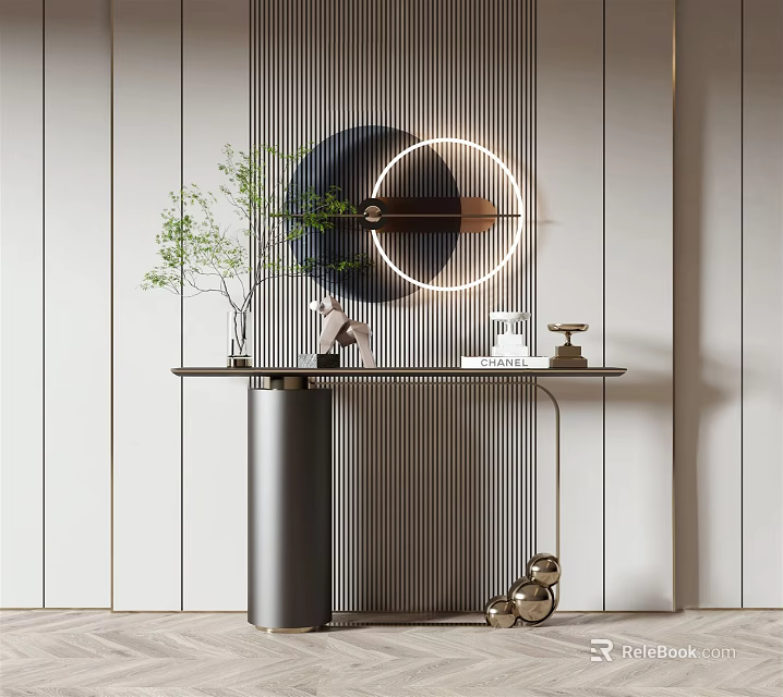 Modern Console Table With Metal Frame Round Mirror Green Plant And Decorations 3d model 