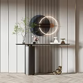 Modern Console Table With Metal Frame Round Mirror Green Plant And Decorations