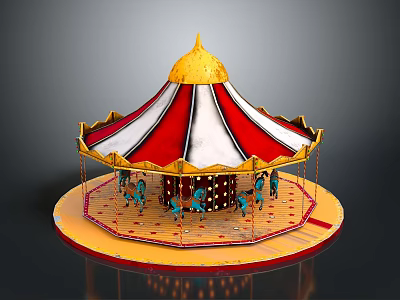 Colorful Carousel Design With Golden Top Red White Striped Tent And Blue Horses 3d model