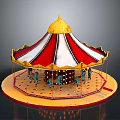 Colorful Carousel Design With Golden Top Red White Striped Tent And Blue Horses