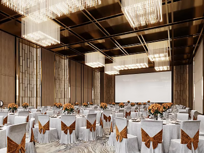Luxurious Banquet Hall Interior With Chandeliers Table Settings Orange Bows Floral Arrangements And Projection Screen 3d model