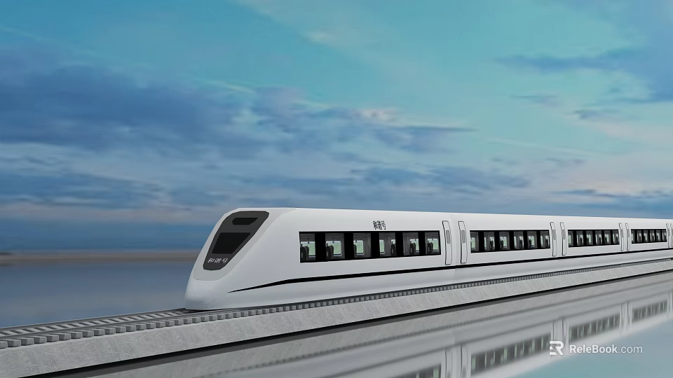 White High-Speed Train Traveling On Tracks With Blue Sky And Water Reflection 3d model 