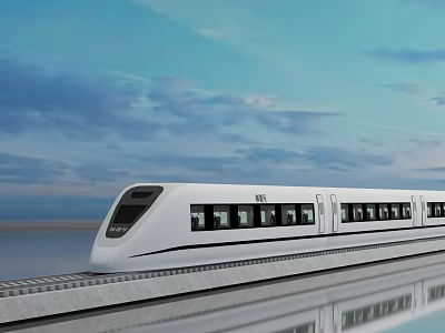 White High-Speed Train Traveling On Tracks With Blue Sky And Water Reflection 3d model