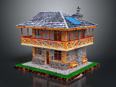 Two Story Stone Building With Wooden Balcony Gray Roof Solar Panel Weather Vane And Green Lawn 3d model