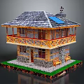 Two Story Stone Building With Wooden Balcony Gray Roof Solar Panel Weather Vane And Green Lawn