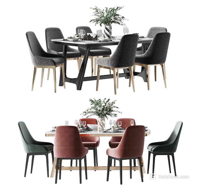 Stylish Dining Table Set With Gray Red Green Chairs Vase And Tableware Decor 3d model