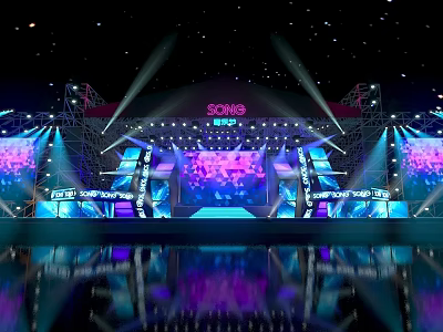Vibrant Ballroom Stage Setup With Colorful Lighting Large Screens And Reflective Floor 3d model
